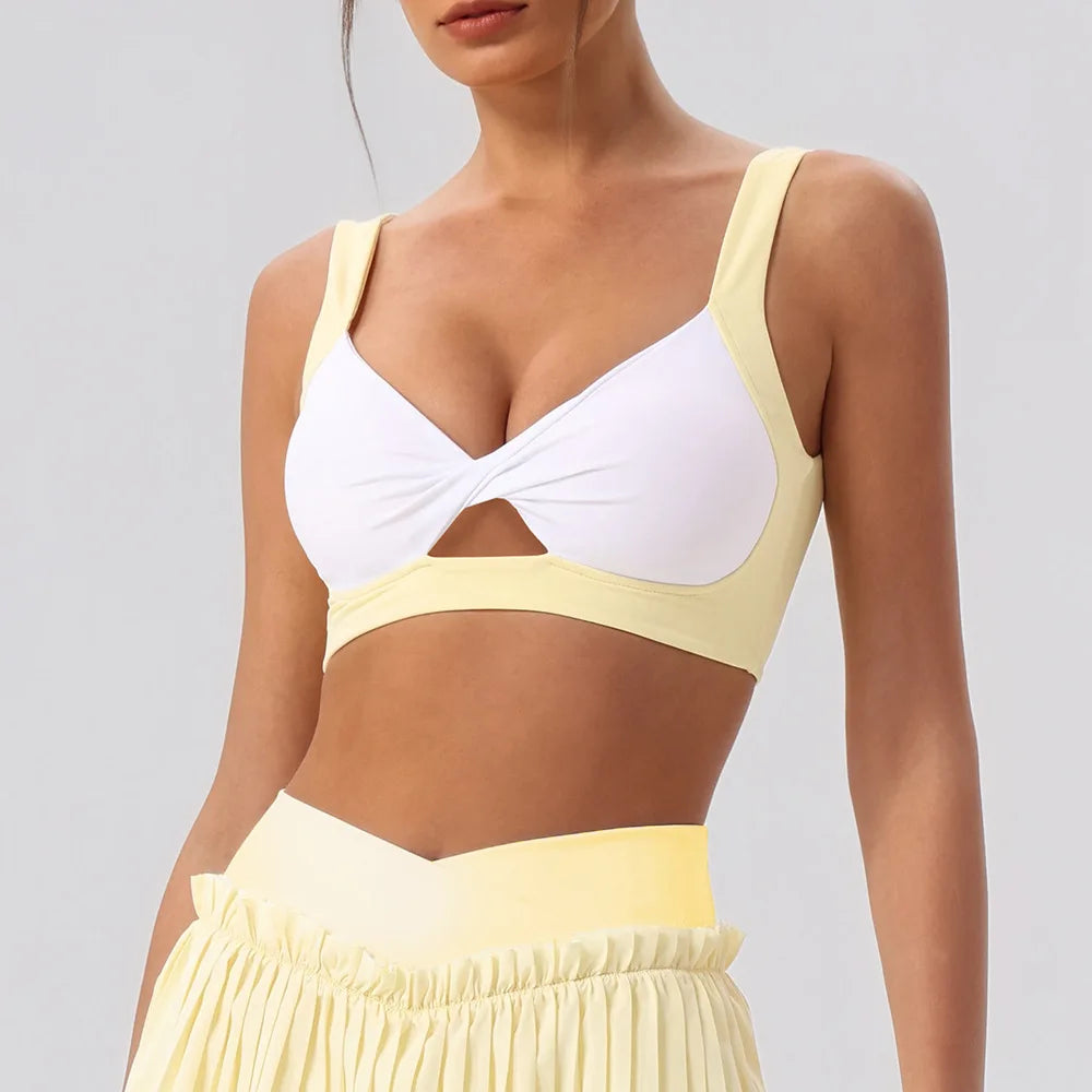 Sexy Detachable Sports Bra Women Color Contrast Hollow Out Front Twisted Gym Workout Yoga Underwear Athletic Training Crop Top