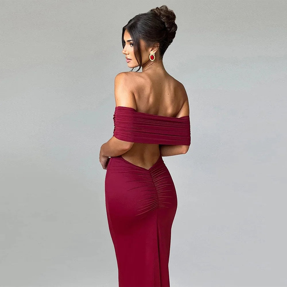 Temperament Slim Strapless Long Dress Women Solid Color Sexy Off-shoulder Backless Package Hip Sleeveless Club Party Dresses