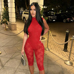 FDYOUI Women's Backless Sleeveless Bodysuits 2026 Summer Sexy Buttons Hollow Out Lace Jumpsuits Night Club Overalls Black Red