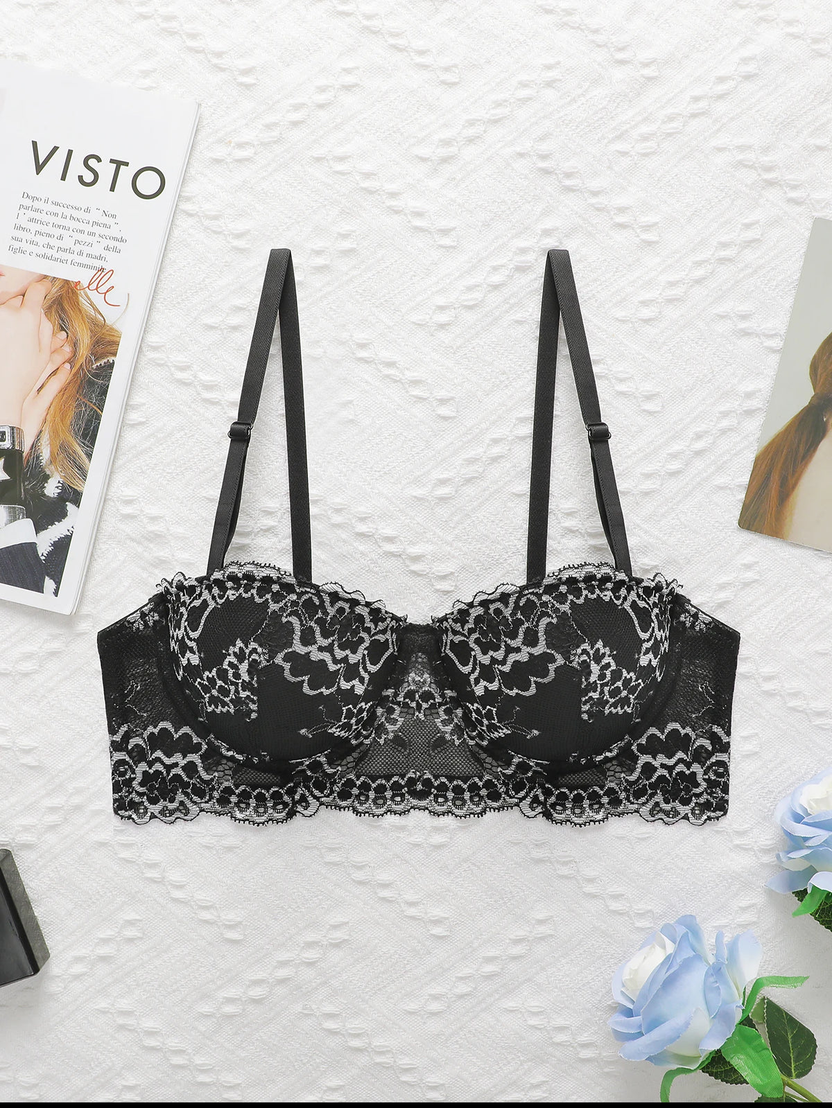 Women's embroidered lace lingerie with steel rims gathered push ups adjustable shoulder straps comfortable fit bra B6106