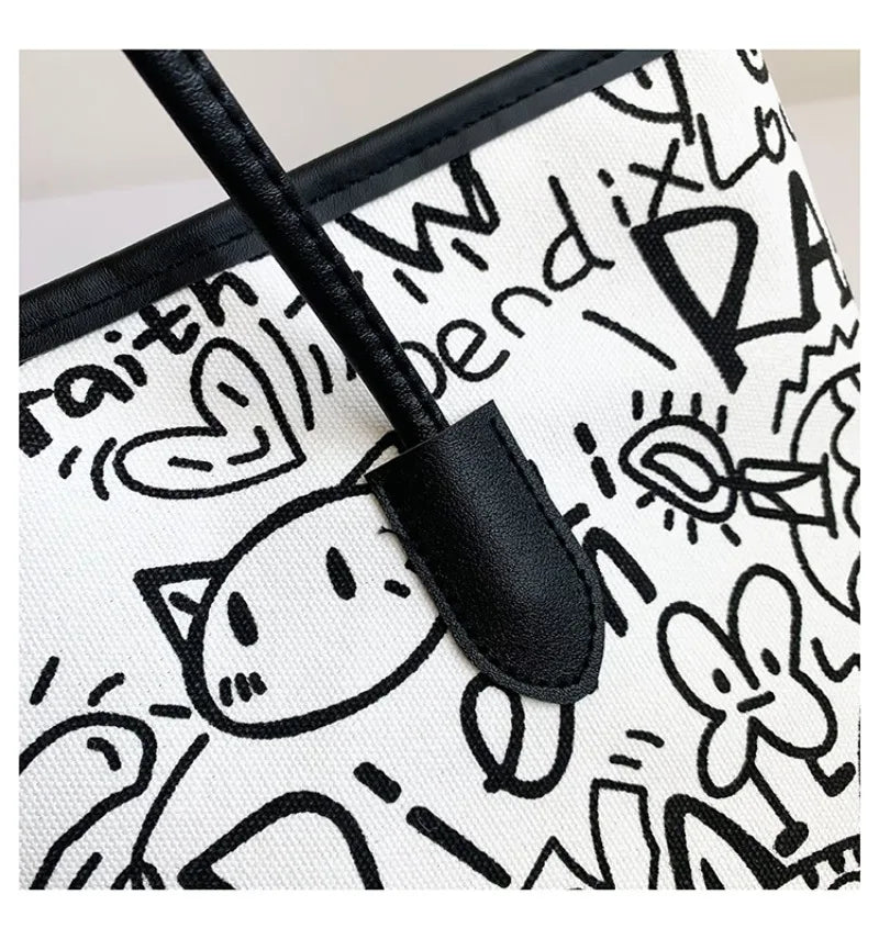 Large Capacity Printed Tote Bag, Fashion and Versatile Casual Single Shoulder Handbag with Pendant, College Style Women's Bags