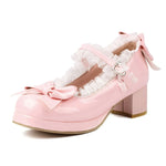 2025 Plus Size 30-48 Women's Candy Colors Mary Janes Pumps Bow Tie Ruffles Black Pink Platform Sweet Block Heels Lolita Shoes