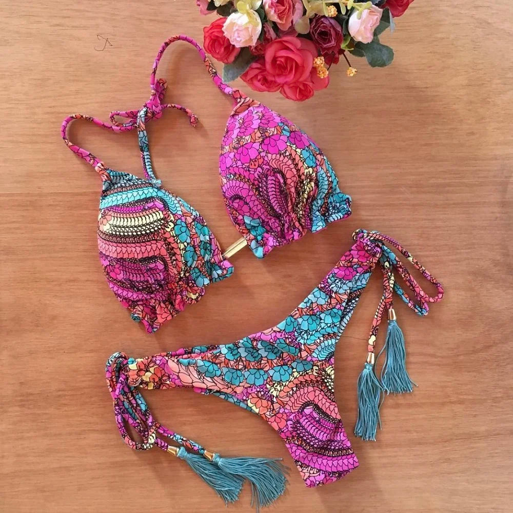 Sexy Bikini Floral Print Swimwear String Bikini Set Push Up Swimsuit Bikinis Women Biquini Beach Bathing Suit Women