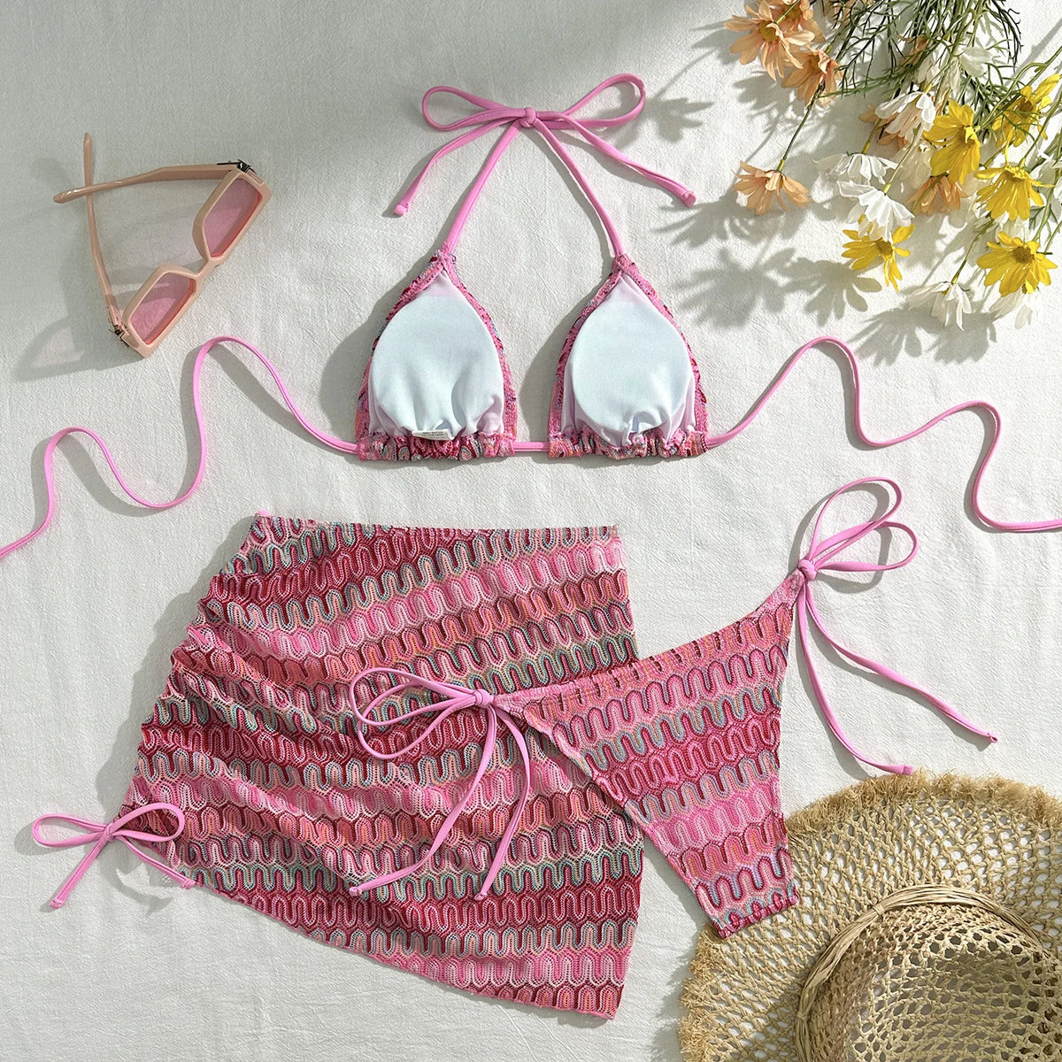 Sexy Drawstring Side Skirt 3 Piece Bikini Set Women Orange Striped Embroidered Print Swimwear High Waist Bathing Suit Swimsuit