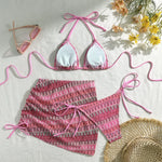 Sexy Drawstring Side Skirt 3 Piece Bikini Set Women Orange Striped Embroidered Print Swimwear High Waist Bathing Suit Swimsuit