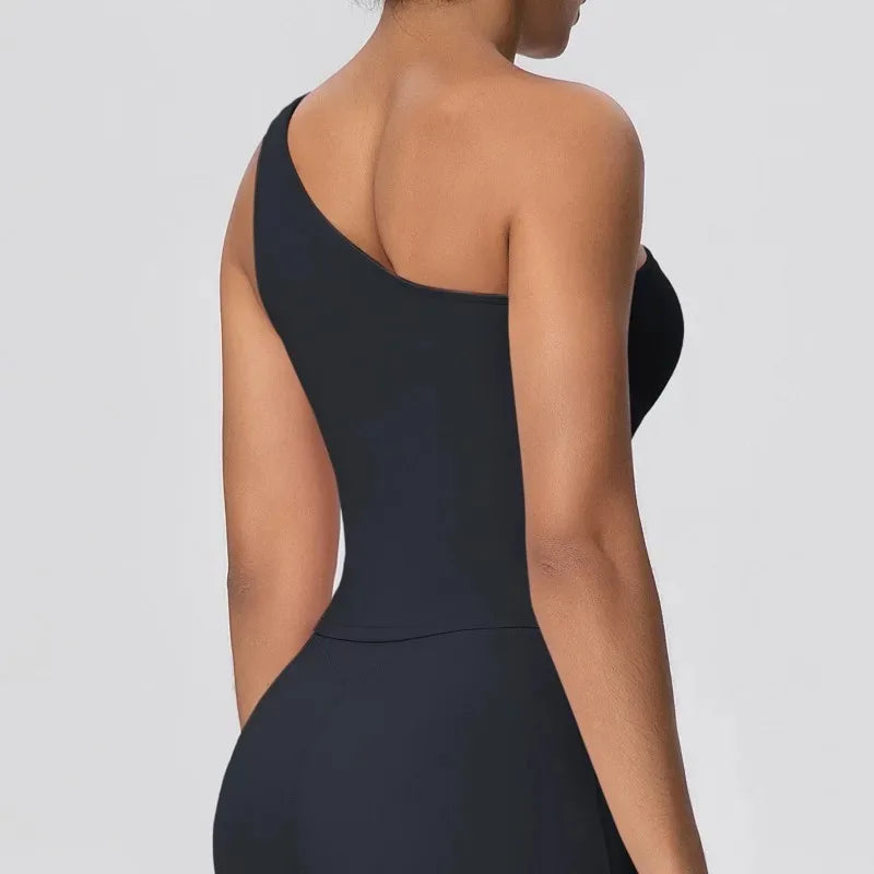 Women Seamless Cloud Feel One-Shoulder Waist-Cinching Yoga Vest Quick-Dry Slimming Sports Shaping Underwear Running Fitness Top