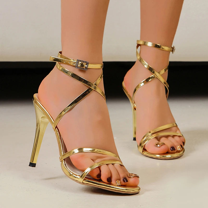 Sexy Gold Thin-Heeled Ankle Strap Pumps Women Elegant Stiletto Heels Party Sandals Woman Plus Size Pointed Toe High Heel Sandals