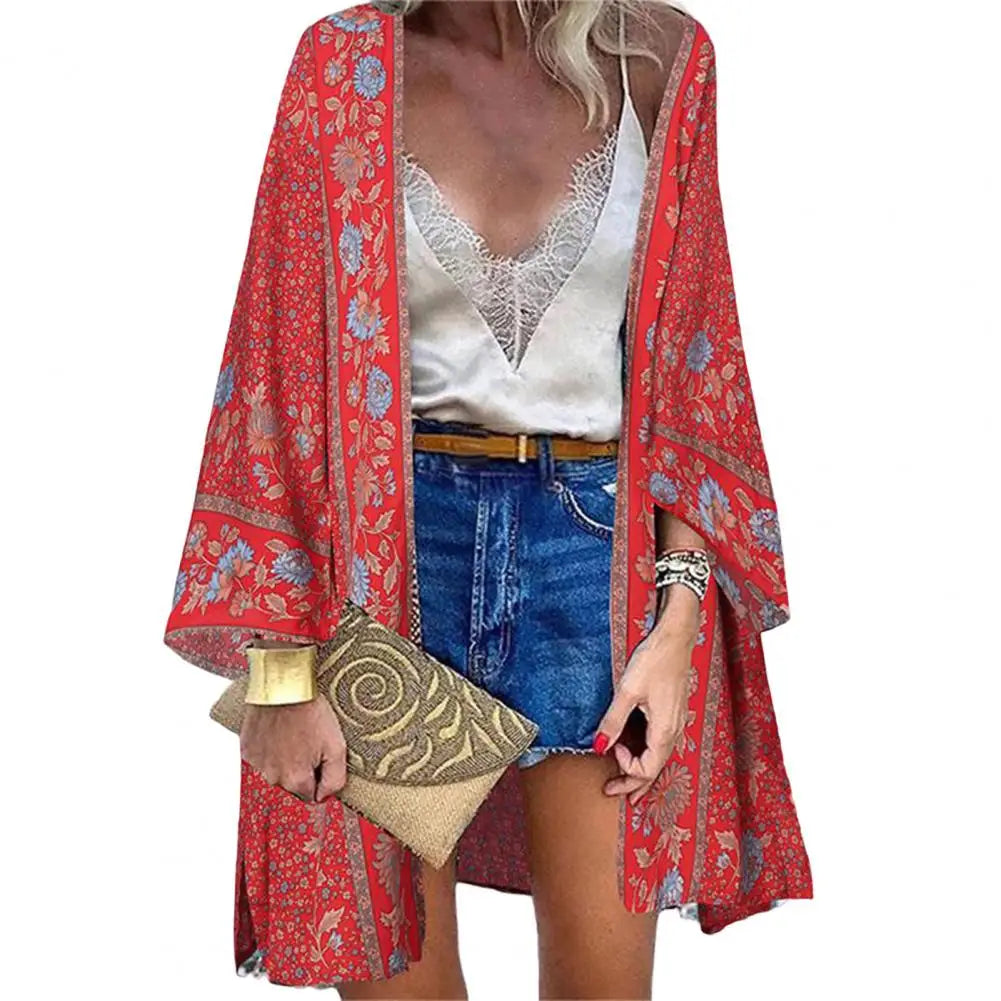 Bohemian Sun Protection Long Blouse Women Cardigan Floral Print Batwing Sleeve Summer Cardigan for Daily Wear