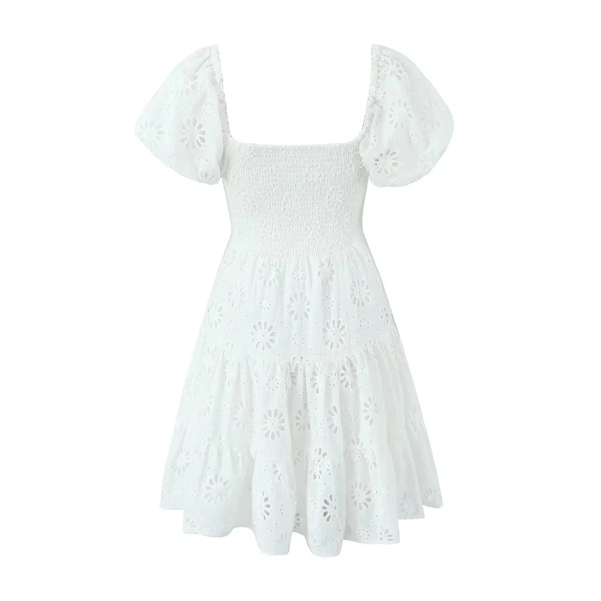 Puff Sleeve Cotton White Lace Dress Women Summer 2025 Square Collar Vintage Beach Short Dress Petite Flower EmbrioderyDress