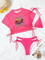 2026 Black Crop Top Swimwear Women Summer Sexy Beachwear Mesh Short Sleeve Cover Ups Top Three Piece Swimsuit Lace Up Bikini Set
