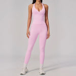 Summer Seamless Yoga Sets Women V Neck Slim Sports Tank Top Fitness Suit Peach Hip High Elasticity Leggings Running Tracksuit