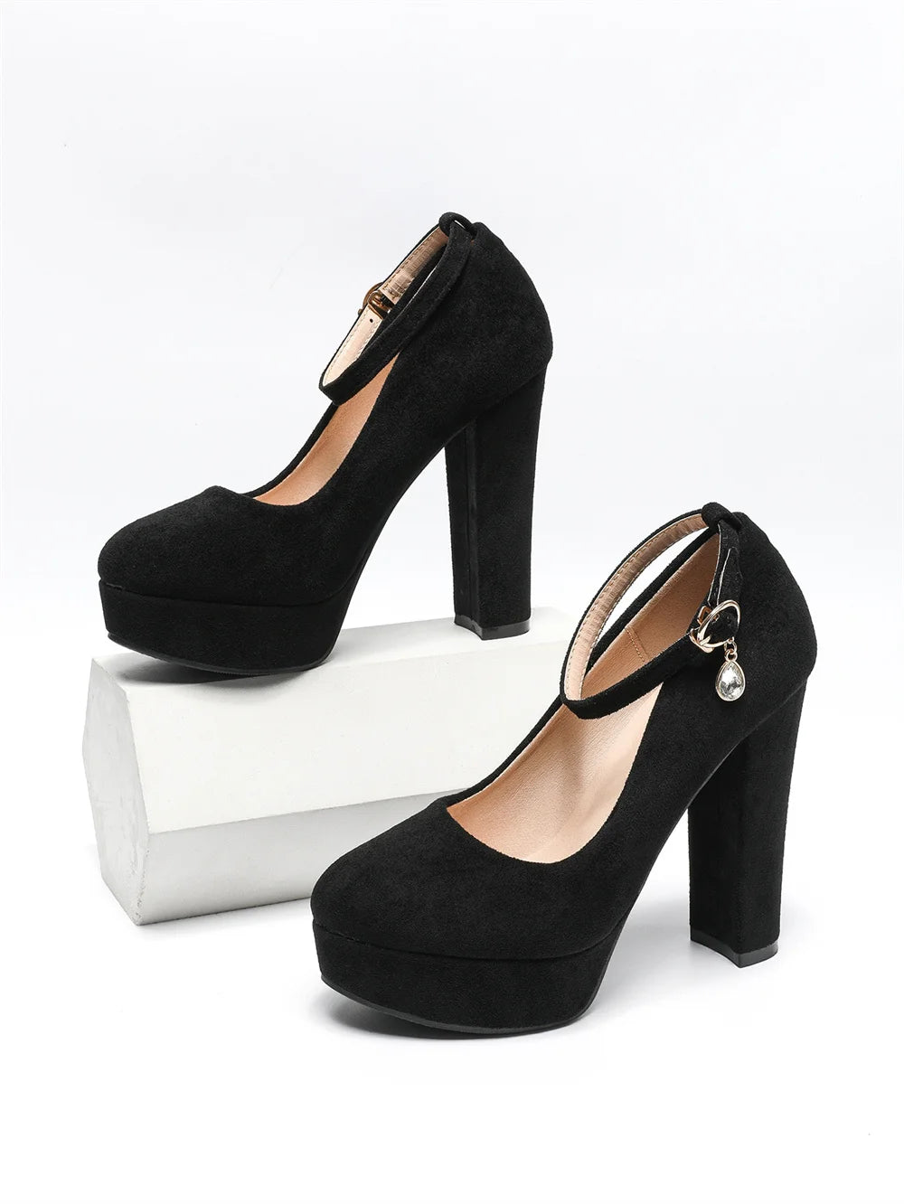 2026 Plus Size 43 Elegant Black Ankle Strap Platform Pumps Sexy Spike High Heels Shoes Women Classic Apricot Office Lady Shoes