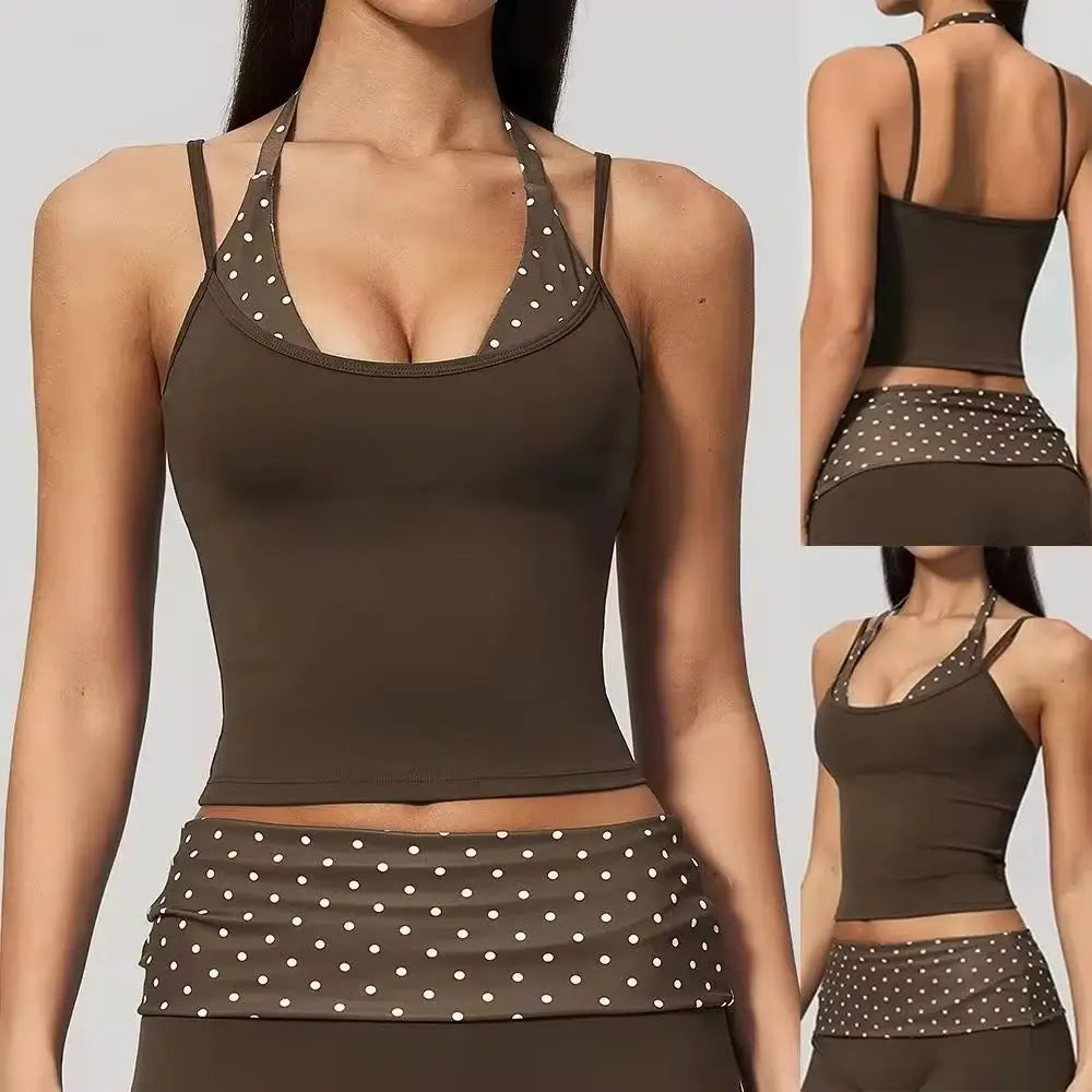 Women Gym Sports Tops Polka Dot Yoga Tank With Removable Pads V Neck Sports Sleeveless Top Sports Running Striped Fitness Vest