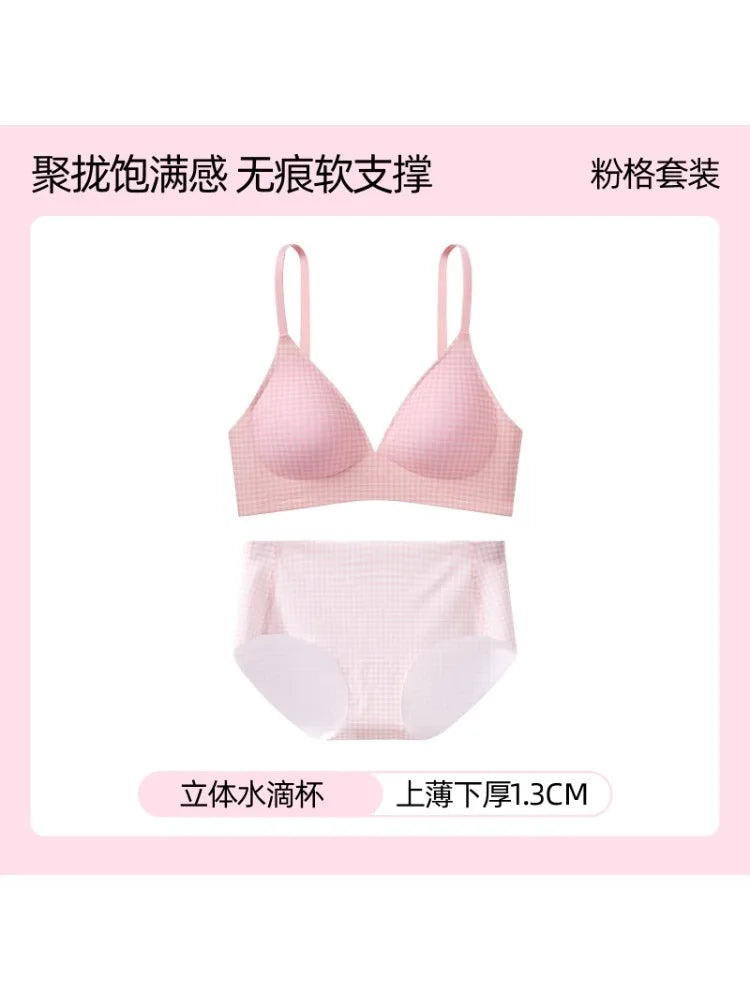 Japanese Checkered Crop Top Bra Small Bust Anti-Sagging Wirefree Pure Cotton Bralette Beachwear Light Support Set S-XL AU MOYISU