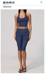 New Summer Women White Polka Dot Print Yoga Sets Hanging Neck Slim Sport Vest High Waist Mid Pants Gym Two-piece Workout Clothes