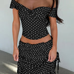FDYOUI Woman Clothing Polka Dot Crop Tops and Lace-up Skirt Two Piece Sets Female Elegant Slash Neck Long Vacation Dresses Suit