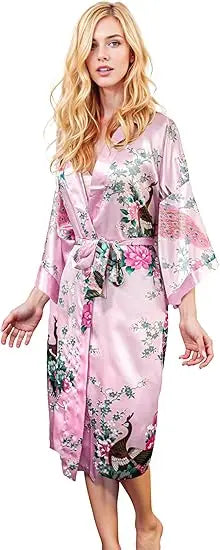 Lace Up Woman Peacock Print Japanese Kimono Yukata Silk Satin Short Style Sleepwear Home Nightgown Bath Robe Costume