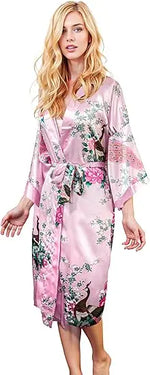 Lace Up Woman Peacock Print Japanese Kimono Yukata Silk Satin Short Style Sleepwear Home Nightgown Bath Robe Costume