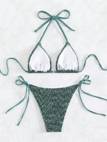 Sexy Green 2 Piece Bikinis Sets Women Halter Metal Stap Push Up Swimsuit 2024 Summer Lace Up Beach Bathing Suit Thong Swimwear