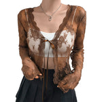 Women Floral Lace Shirts Long Sleeve Front Tie-up Smock Tops Sexy Beach Tops and Blouses Female See Through Cover-ups