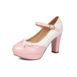 Plus Size Crossed Thin Ribbon Bow Shallow High-Heeled Shoes Patent Leather Splicing White PU Sweet Lolita Style Pumps