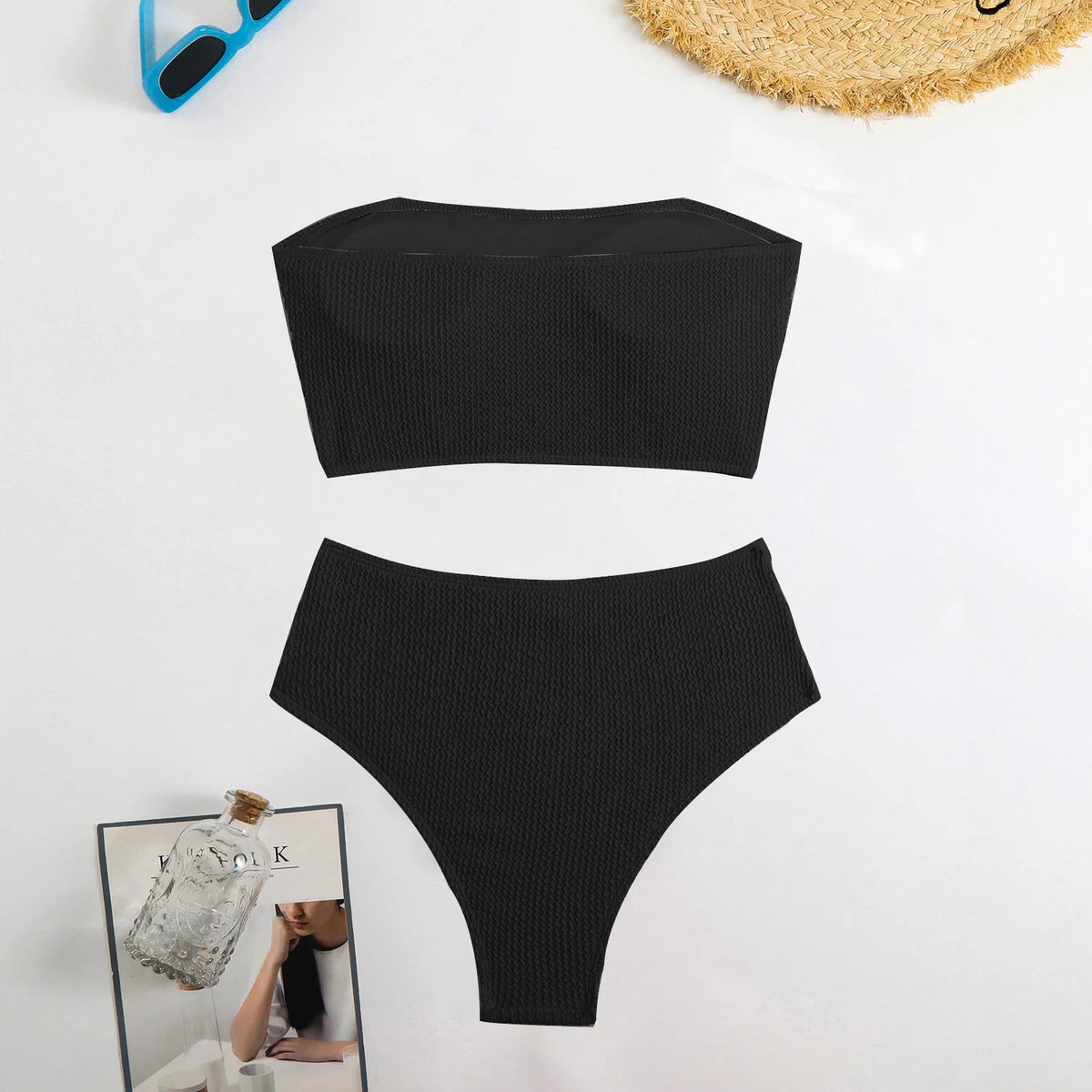 sexy ribbed bandeau bikinis sets two pieces women plain thong high waist swimsuits female bathing suit swimwear tankini biquini