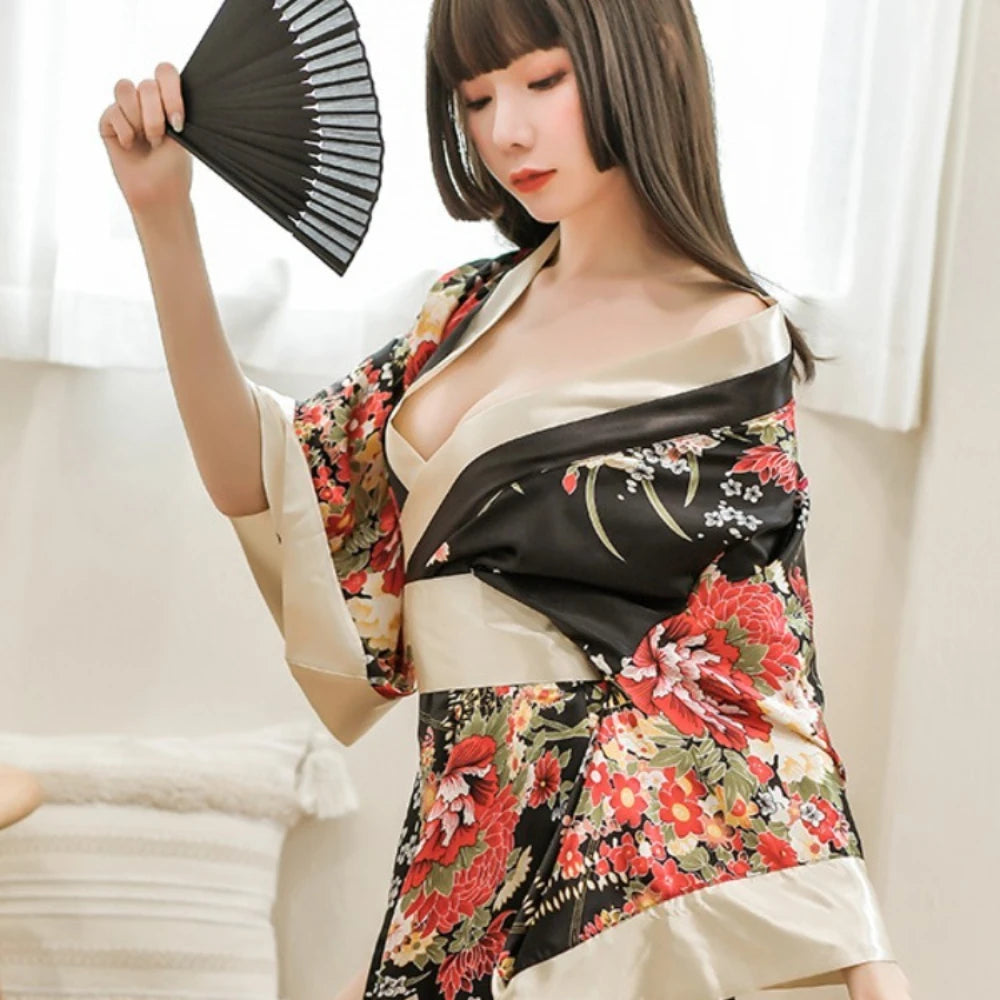 Sexy Lingerie Japanese Kimono Seductive Topless Print Women's Pajama Set Uniform Temptation Sleepwear Traditional Dress Robe