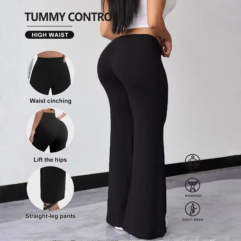 Womens Summer Casual Straight Leg Sports Pants High Waist Stretch Wide Leg Pants Tummy Control Workout Yoga Pants Outdoor Fitnes