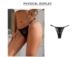 Black Lace Mesh Panty for Women See Through Adjustable Waistband Rhinestone Bow Decorative Buttons Plus Size Thong Underwear