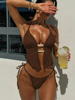 Sexy Triangle Bikini Women Summer Hollow Out Bandage Cross Crop Top Tie Side Thong Swimsuit Bathing Suit Holiday Swimwear