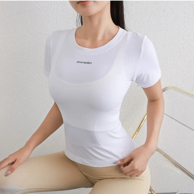 STOUREG Quick Drying Women's Yoga Shirt Short Sleeved Sports Tight Top Gym Running T-shirt Cycling Exercise Round Neck Top