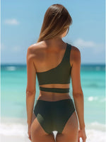 Woman 2026 Bikini One Shoulder Top Olive Green Bikinis High Waist Brief Side Cut Out Swimwear Solid Cropped Top Two Piece