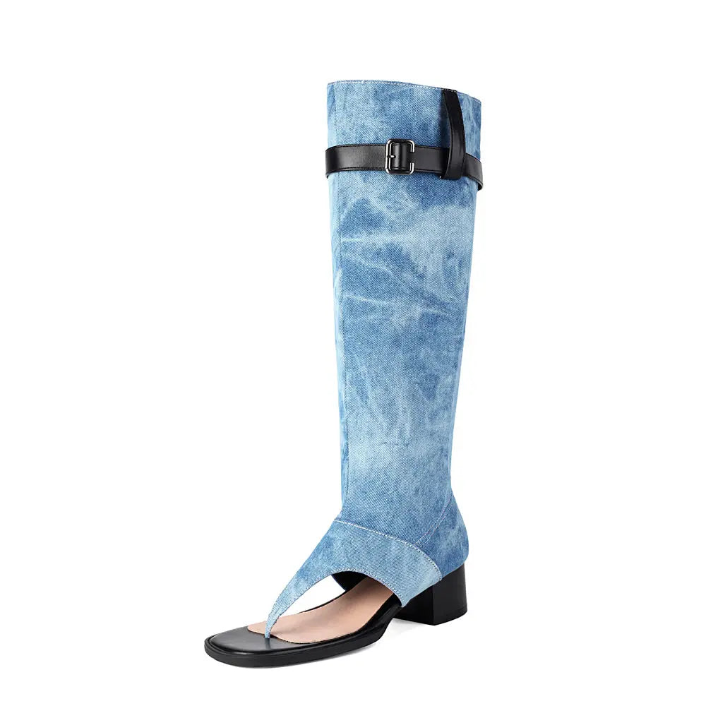2025 Brand Plus Size 48 Trendy Denim Blue Gladiator Sandals Women Chic Black Chunky HeelsFashion Comfy Walk Summer Boot Shoes