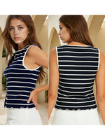 Women’s Summer Slim Fit Vest Striped Print Tank Tops Trendy Sleeveless Scoop Neck Button Down Tops