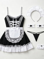 Women Maid Costume Outfit Black White Ruffle Sleeveless Suspender Dress with Apron for Halloween Cosplay Themed Party Role Play