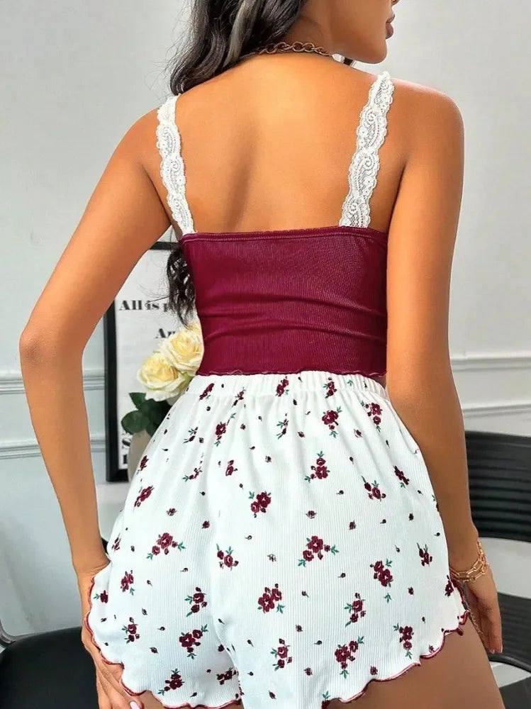 Summer Lace V-Neck Pajama Set for Women Sleepwear Sexy Nighties Cami Top Printed Shorts Soft Pyjamas Loungewear