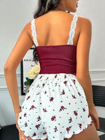 Summer Lace V-Neck Pajama Set for Women Sleepwear Sexy Nighties Cami Top Printed Shorts Soft Pyjamas Loungewear