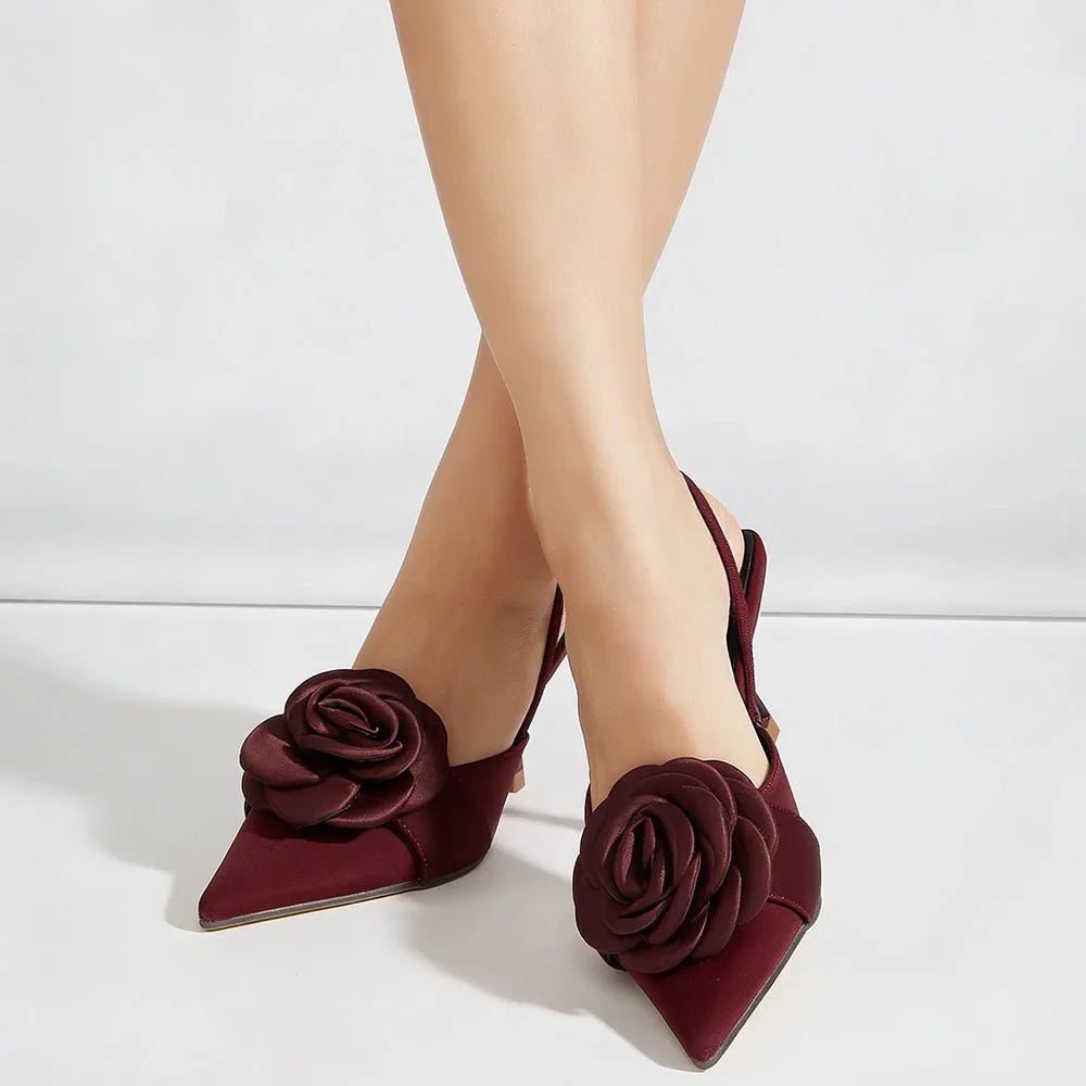 Big Size 43 Elegant Flower Burgundy Slingback Sandals Mules Summer Sexy Pointy Toe Thin High Heels Sandals Shoes Women