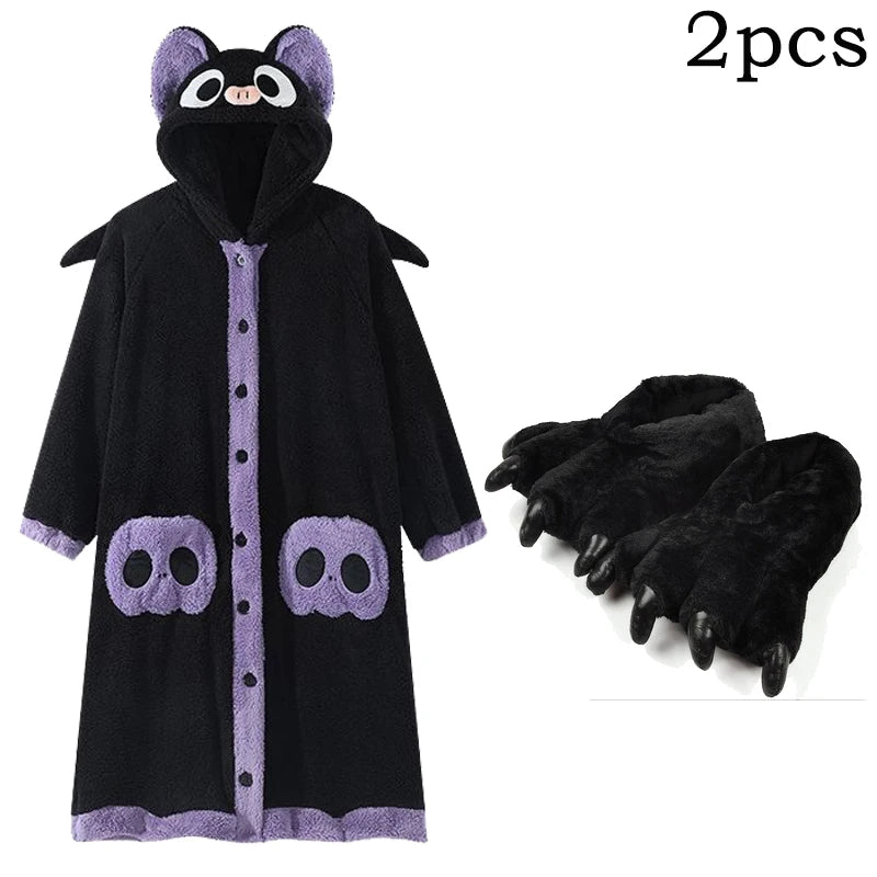 Cartoon Bat Plush Women's Pajamas Robes Anime Nightgown Winter Kawaii Animal Night Dress Halloween Party Vampire Cosplay Costume