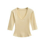 New Pure Desire Casual Style T-Shirt Hot Girl Sexy V-Neck Wool Lyocell Stretch Slim Fit Mid-Sleeve Solid Color Thin T-Shirt WLOC