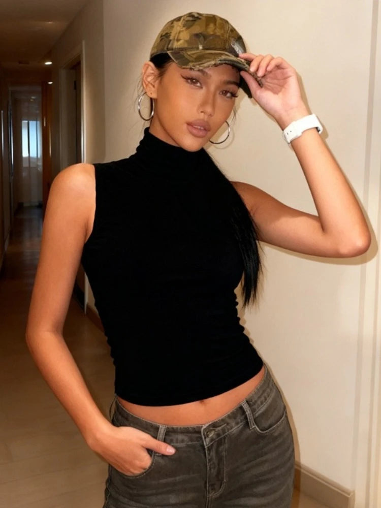 FDYOUI Fashion Turtleneck Sleeveless Tank Tops Streetwear Y2K Woman Clothes Backless Solid Corset T-shirt Female Skinny Crop Top