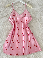 New Women's Pink Slip Nightdress Heart Print V Neck Spaghetti Strap Chemise Cute and Sweet Sleepwear for Party or Daily Life