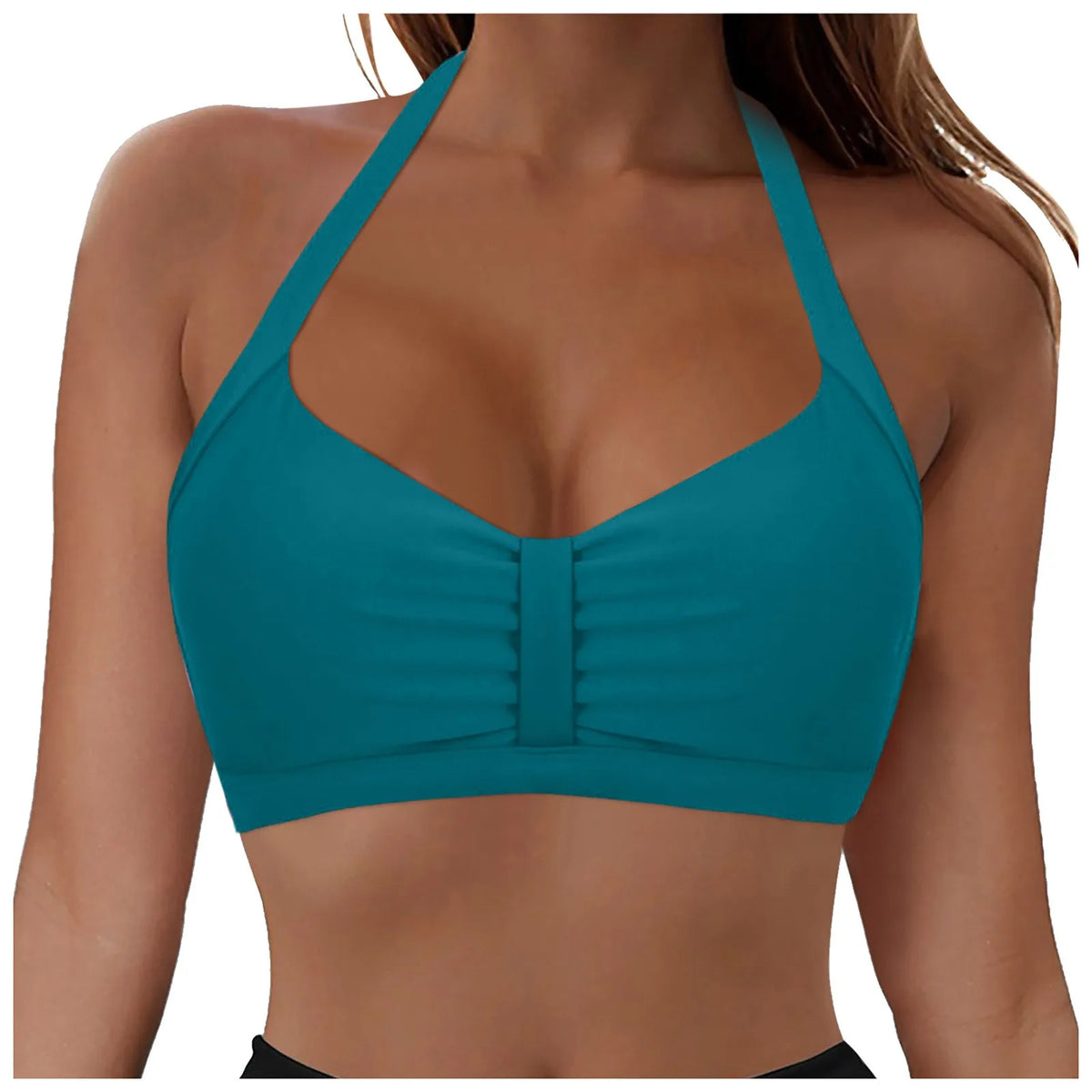 Womens Halter Neck Ruched Bikini Top Padded Push Up Swim Tops Adjustable Tie Back Bathing Suit Top Beach Pool Vacation Swimwear