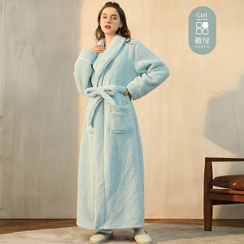 Men's and Women's Styles Winter Bathrobe Long Sleeve Warm Turn Down Collar Fluffy Bath Robe with Sashes Solid Fleece Gown 2025