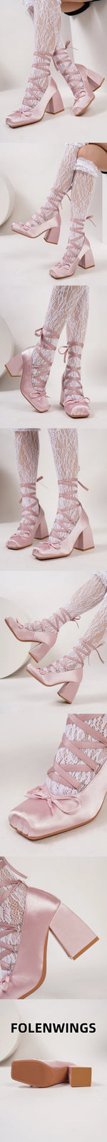 Big Size 43 Sweet Purple Mary Janes Pumps Ribbon Tied Satin 9cm Block High Heels Ballet Shoes Women White Party Wedding Shoes