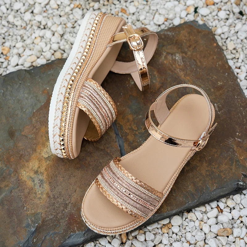 Gold Platform Wedgs Sandals Women Summer Woven Rivets Thick Bottom Sandles Woman Fashion Crystal Ankle Buckle Sandalias Mujer 42