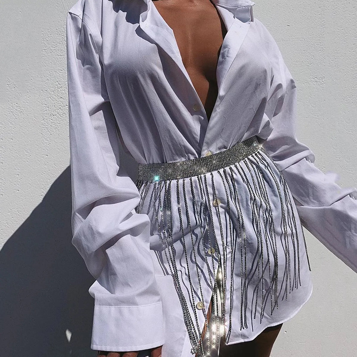 Fringe Bright Rhinestone Chain Skirt Women's High Waist Tassel Waist Chain Belt Stage Performance Carnival Party Night Clubwear