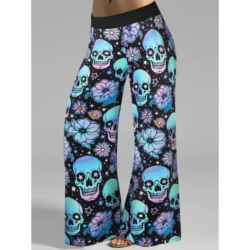 Hallowmas Skull Flower Print Pants Woman 2025 Plus Size Elastic Waist Wide Leg Pant Casual Large Full-length Trousers