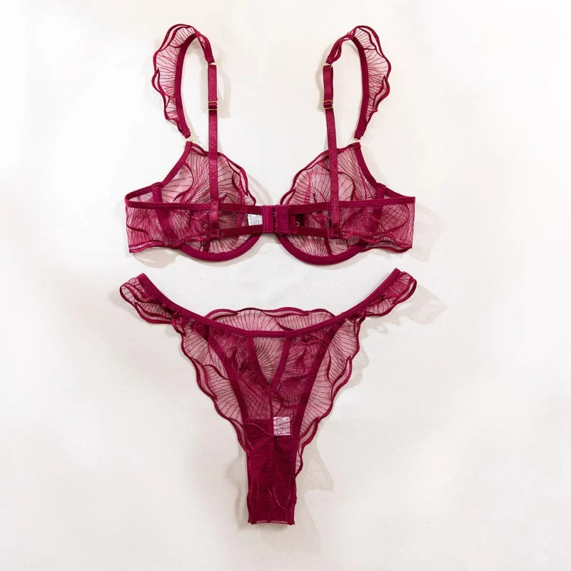 Summer French Flower Embroidery Bralette Beachwear Pure Desire Ultra Thin Light Support Wirefree Romantic Niche Set AU MOYISU
