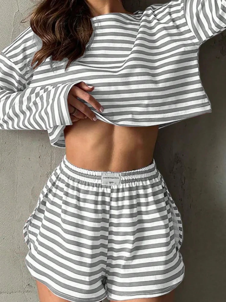 Summer Striped Pajama Sets for Women Sleepwear Long Sleeve Top and Shorts 2 Piece Set Casual Home Wear Loungewear